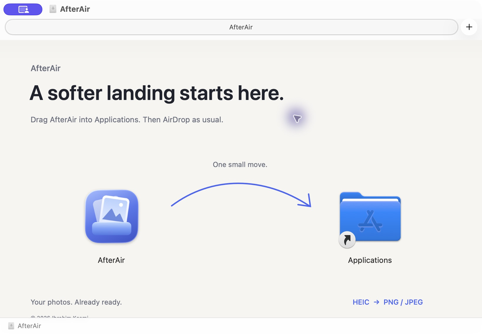 AfterAir installer window showing the app and Applications folder