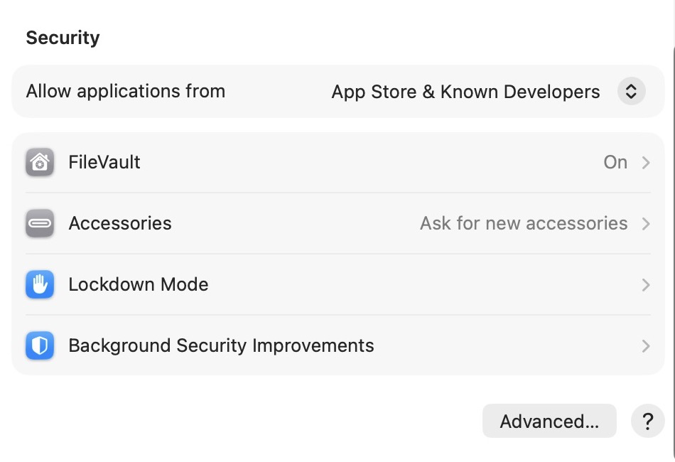 Actual macOS Tahoe Privacy and Security settings showing the Security section, before a blocked app launch